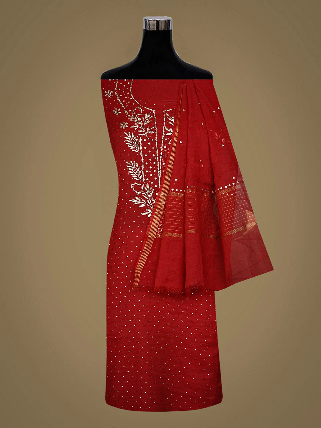 Ada Hand Embroidered Red Chanderi Unstitched Kurta Dupatta Set With Muqaish/Mukaish Work 01A911291