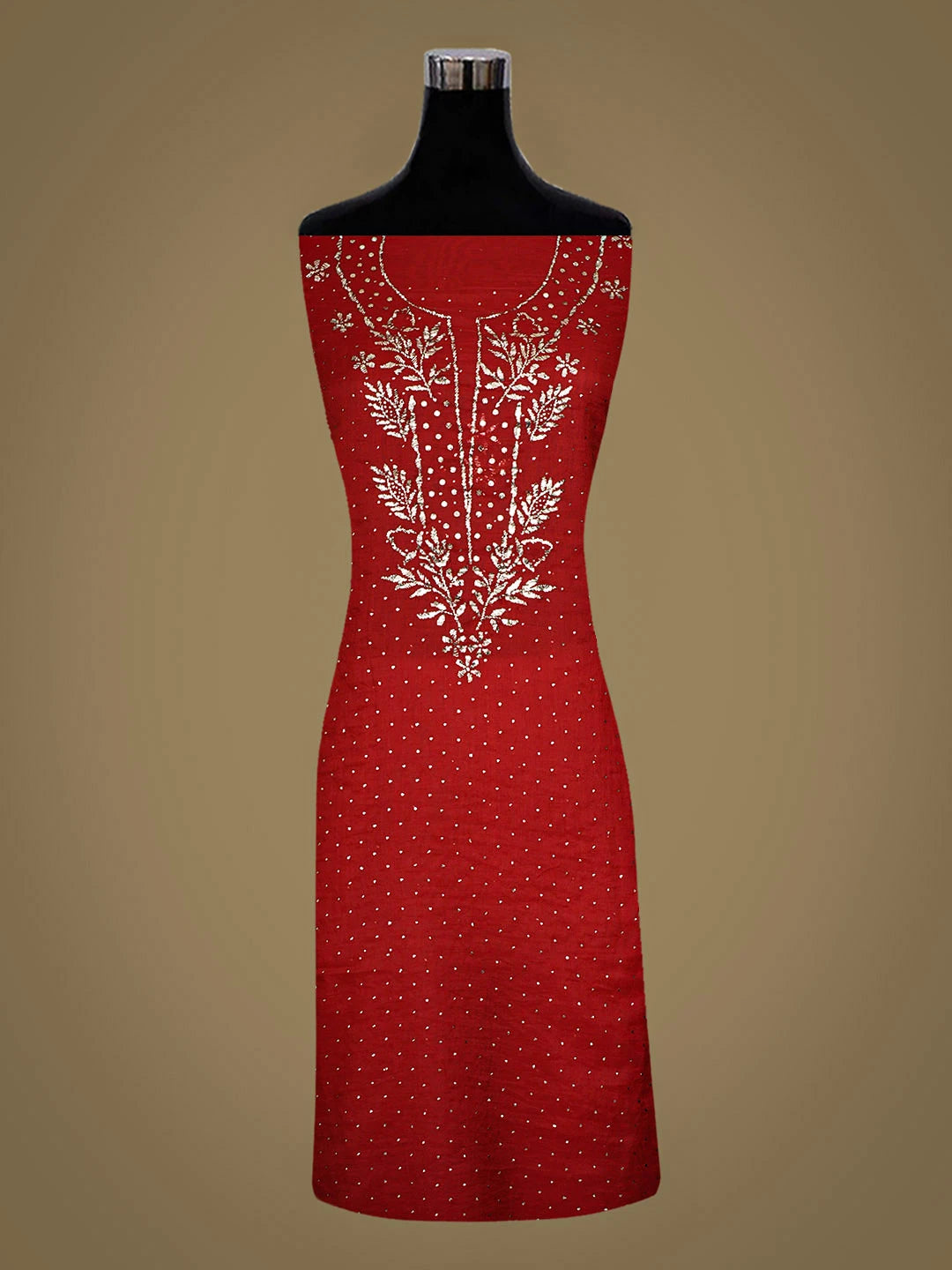 Ada Hand Embroidered Red Chanderi Unstitched Kurta Dupatta Set With Muqaish/Mukaish Work 01A911291