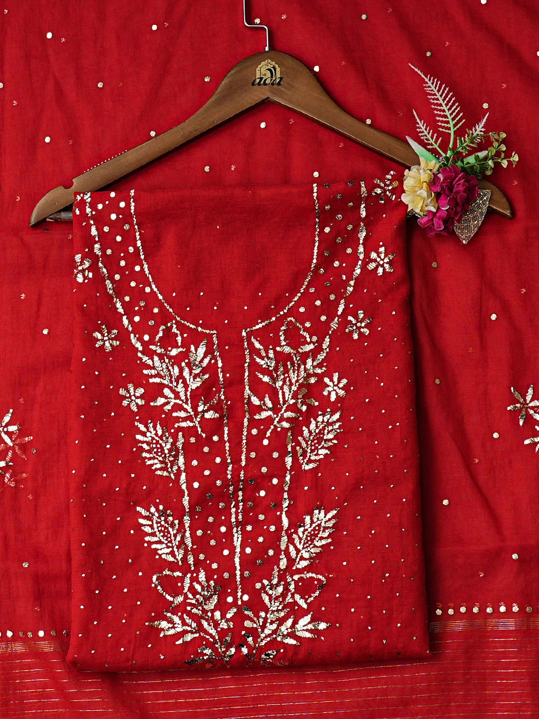 Ada Hand Embroidered Red Chanderi Unstitched Kurta Dupatta Set With Muqaish/Mukaish Work 01A911291