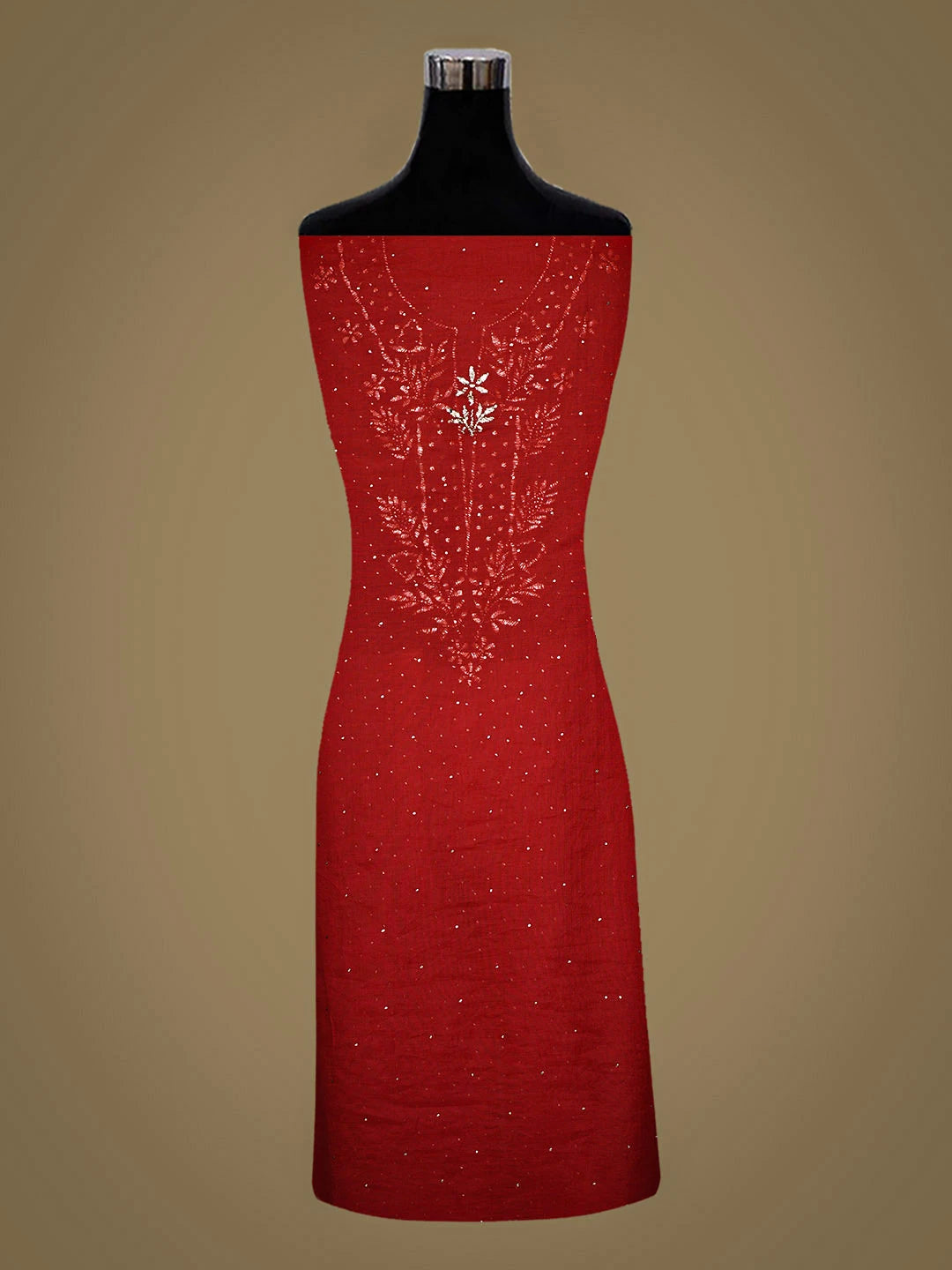 Ada Hand Embroidered Red Chanderi Unstitched Kurta Dupatta Set With Muqaish/Mukaish Work 01A911291