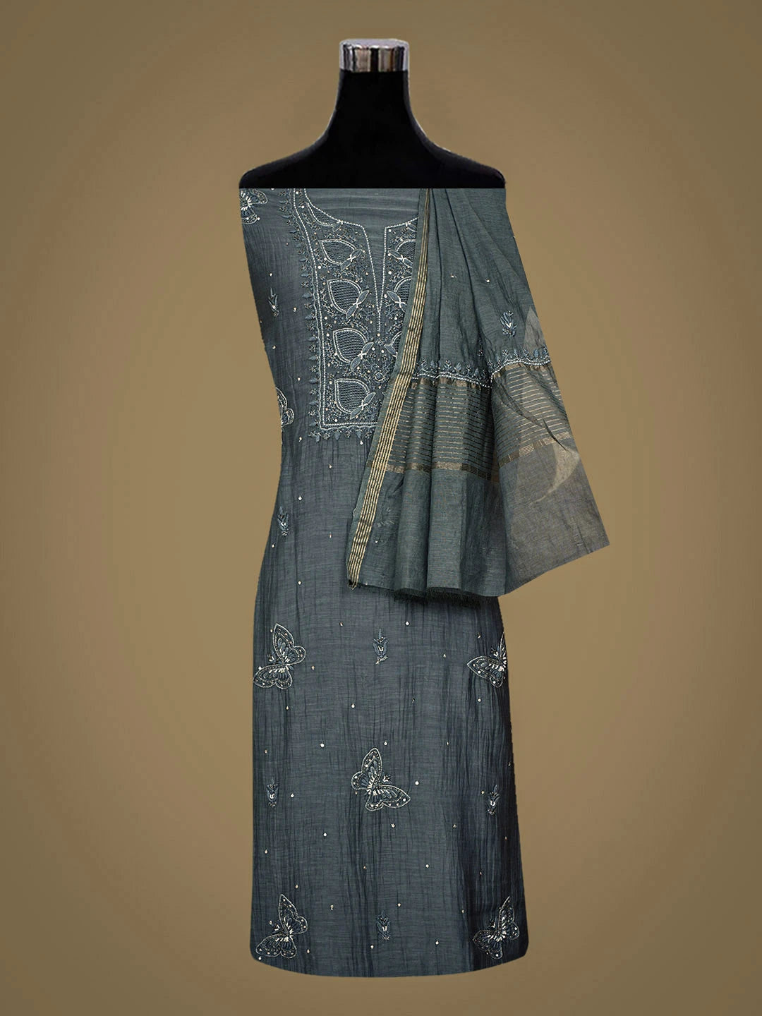 Ada Hand Embroidered Grey Chanderi Lucknowi Chikankari Unstitched Kurta Dupatta Set With Zari Work 01A750127