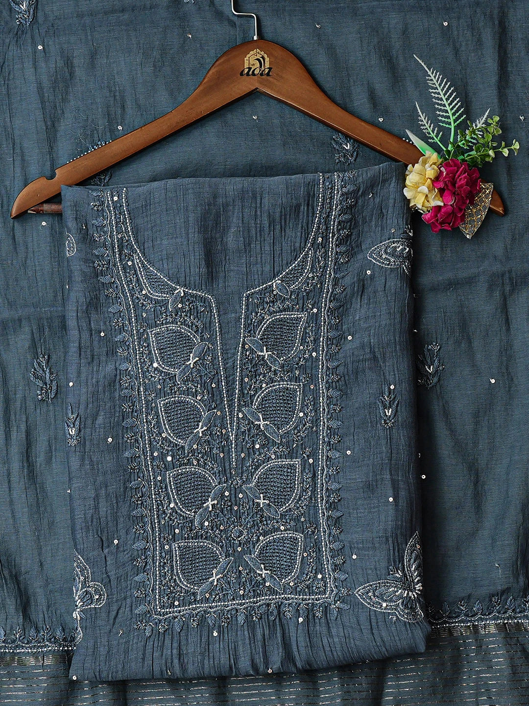 Ada Hand Embroidered Grey Chanderi Lucknowi Chikankari Unstitched Kurta Dupatta Set With Zari Work 01A750127