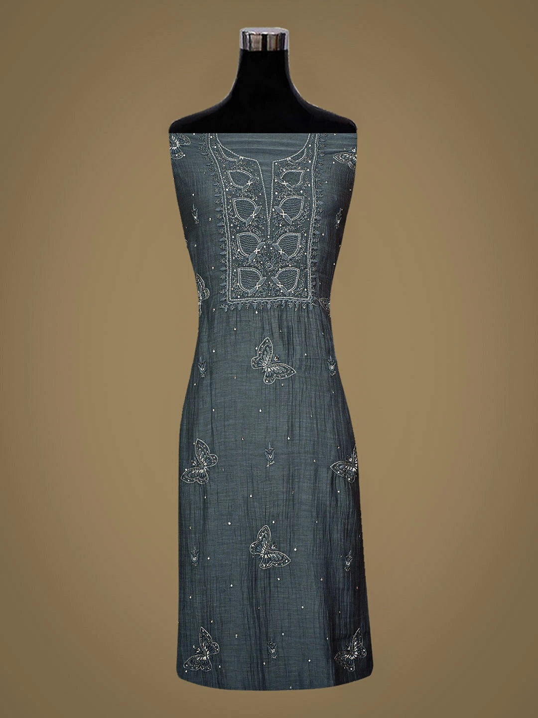Ada Hand Embroidered Grey Chanderi Lucknowi Chikankari Unstitched Kurta Dupatta Set With Zari Work 01A750127
