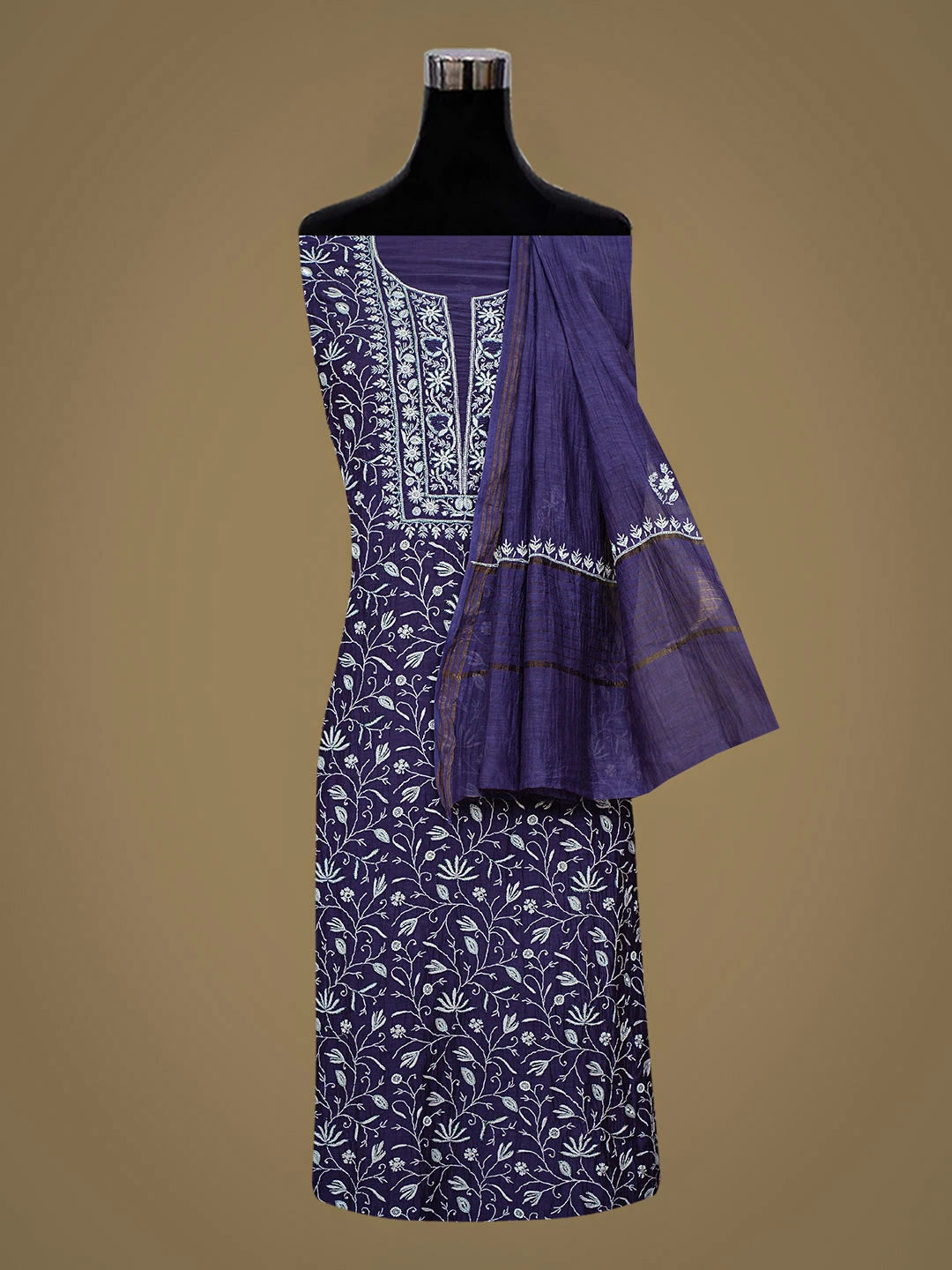 Ada Hand Embroidered Blue Chanderi Lucknowi Chikankari Unstitched Kurta Dupatta Set With Pearl Work 01A741586