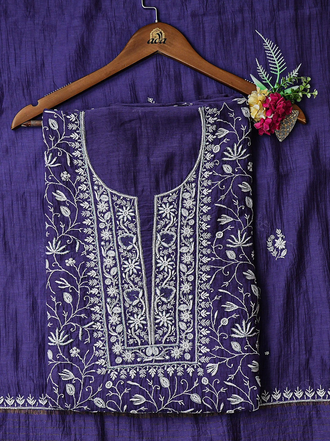 Ada Hand Embroidered Blue Chanderi Lucknowi Chikankari Unstitched Kurta Dupatta Set With Pearl Work 01A741586