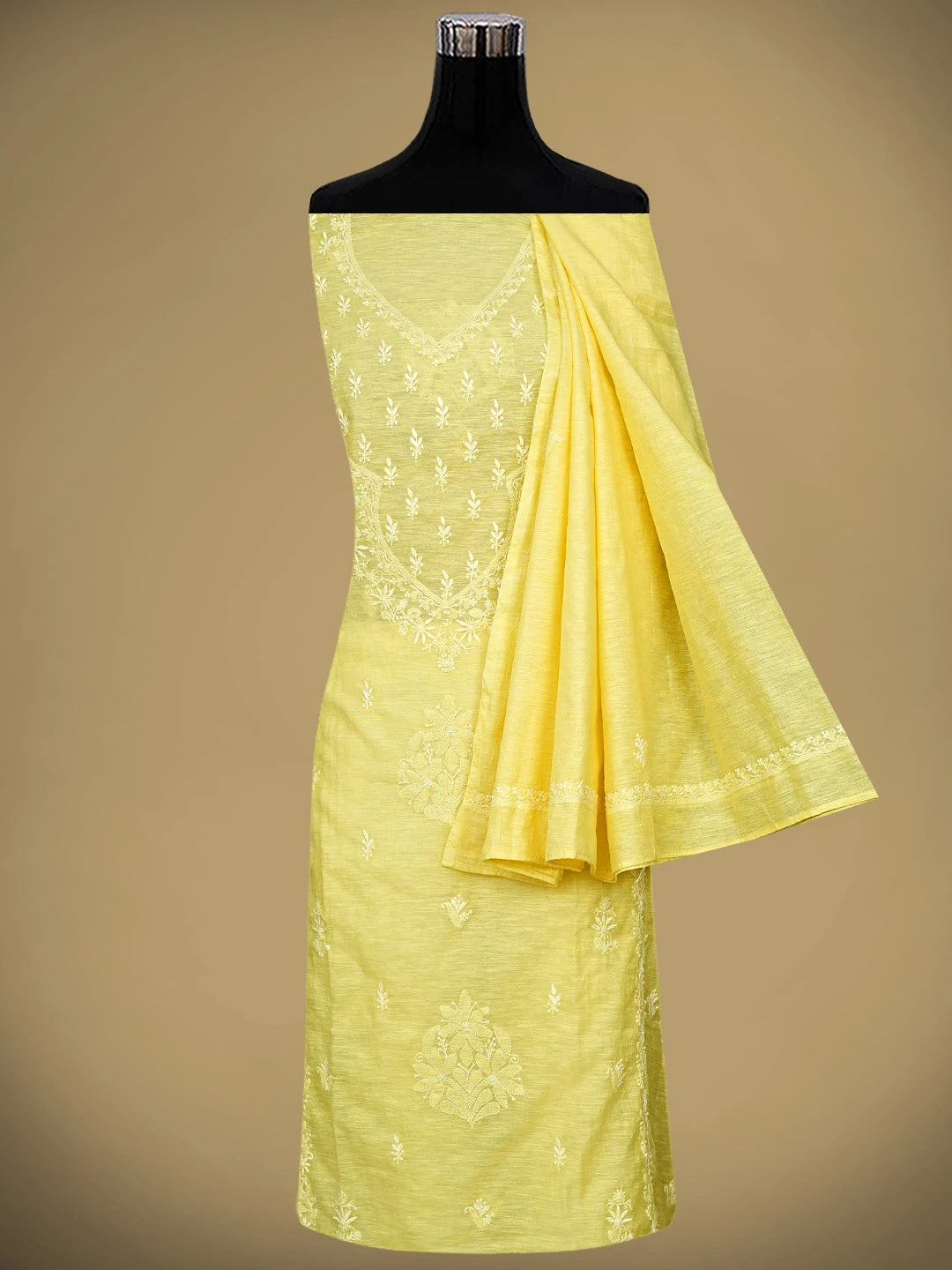 Ada Hand Embroidered Lemon Chanderi Lucknowi Chikankari Semi-stitched Kurta Dupatta Set 01A896621