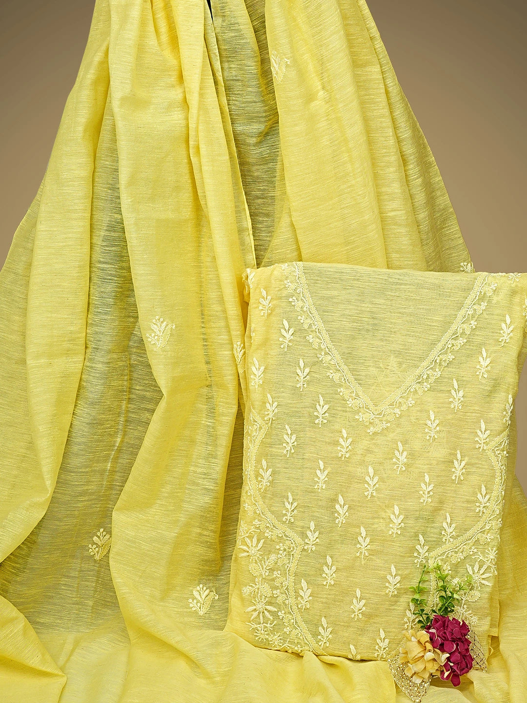 Ada Hand Embroidered Lemon Chanderi Lucknowi Chikankari Semi-stitched Kurta Dupatta Set 01A896621