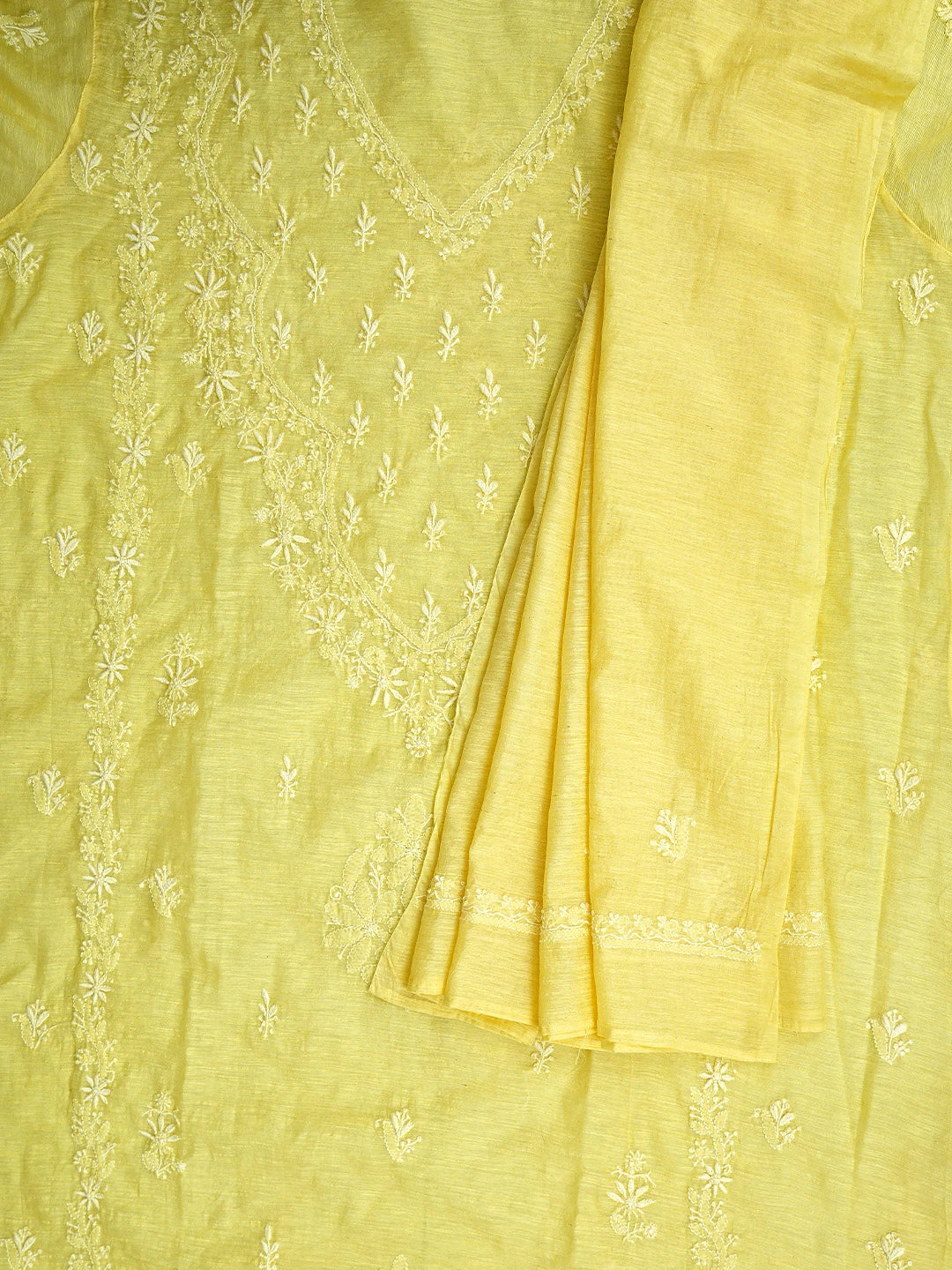 Ada Hand Embroidered Lemon Chanderi Lucknowi Chikankari Semi-stitched Kurta Dupatta Set 01A896621