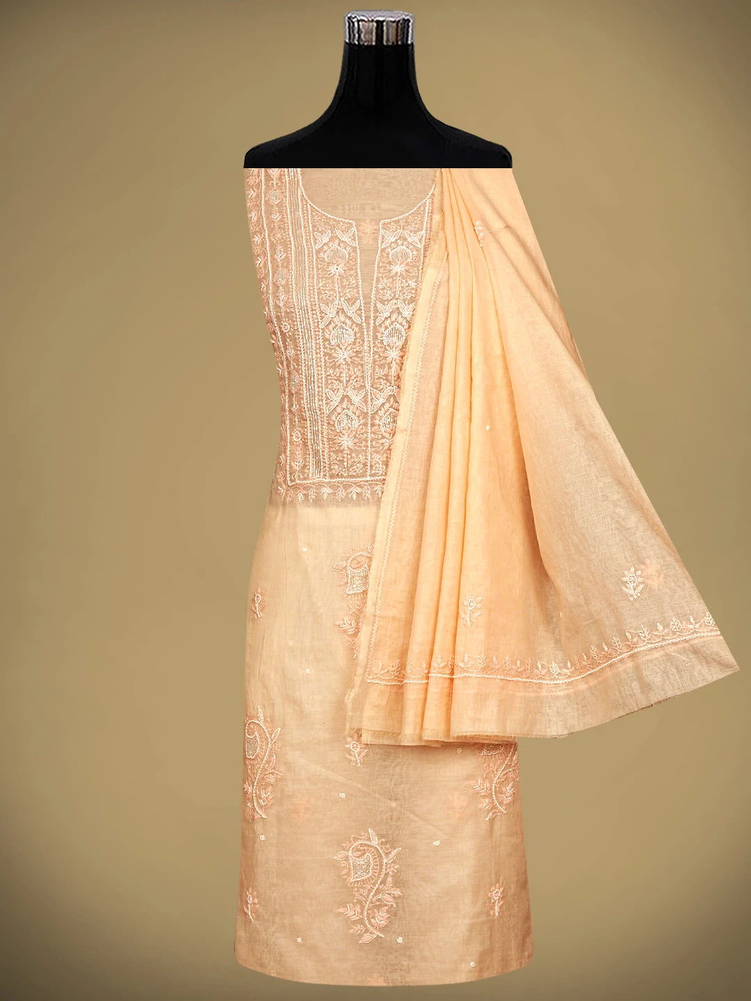 Ada Hand Embroidered Peach Chanderi Lucknowi Chikankari Unstitched Kurta Dupatta Set With Pearl Work 01A911515