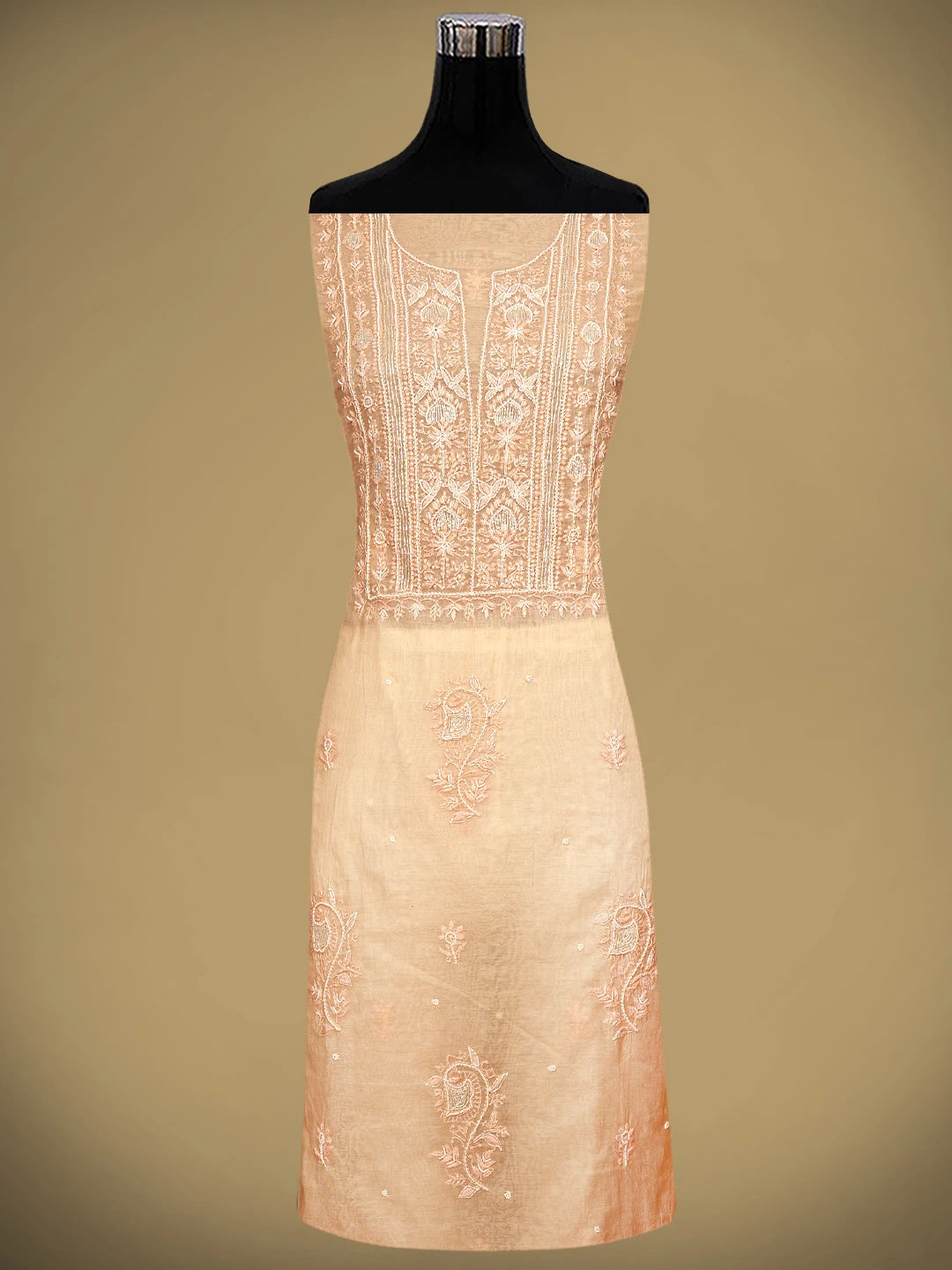 Ada Hand Embroidered Peach Chanderi Lucknowi Chikankari Unstitched Kurta Dupatta Set With Pearl Work 01A911515
