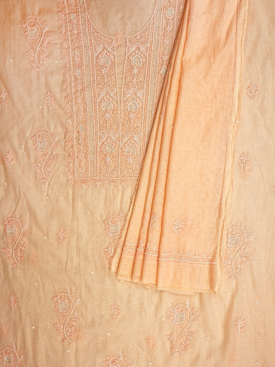 Ada Hand Embroidered Peach Chanderi Lucknowi Chikankari Unstitched Kurta Dupatta Set With Pearl Work 01A911515