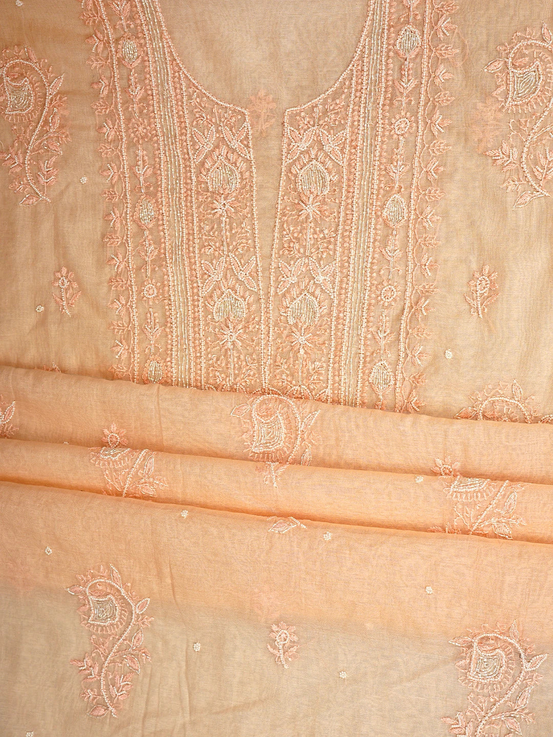 Ada Hand Embroidered Peach Chanderi Lucknowi Chikankari Unstitched Kurta Dupatta Set With Pearl Work 01A911515