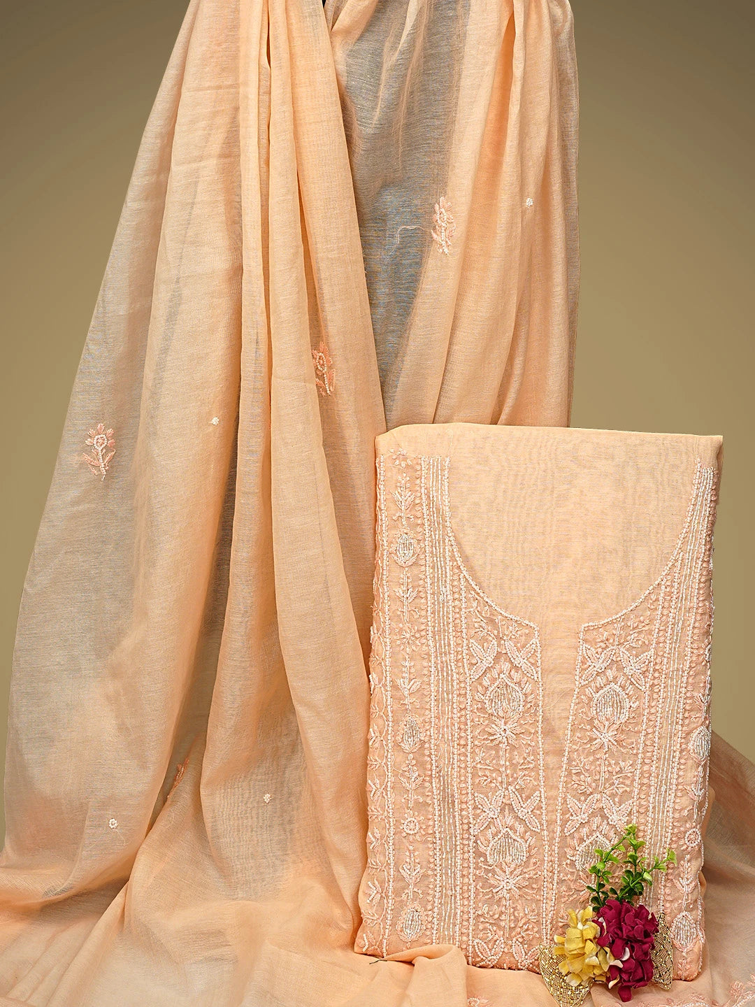 Ada Hand Embroidered Peach Chanderi Lucknowi Chikankari Unstitched Kurta Dupatta Set With Pearl Work 01A911515