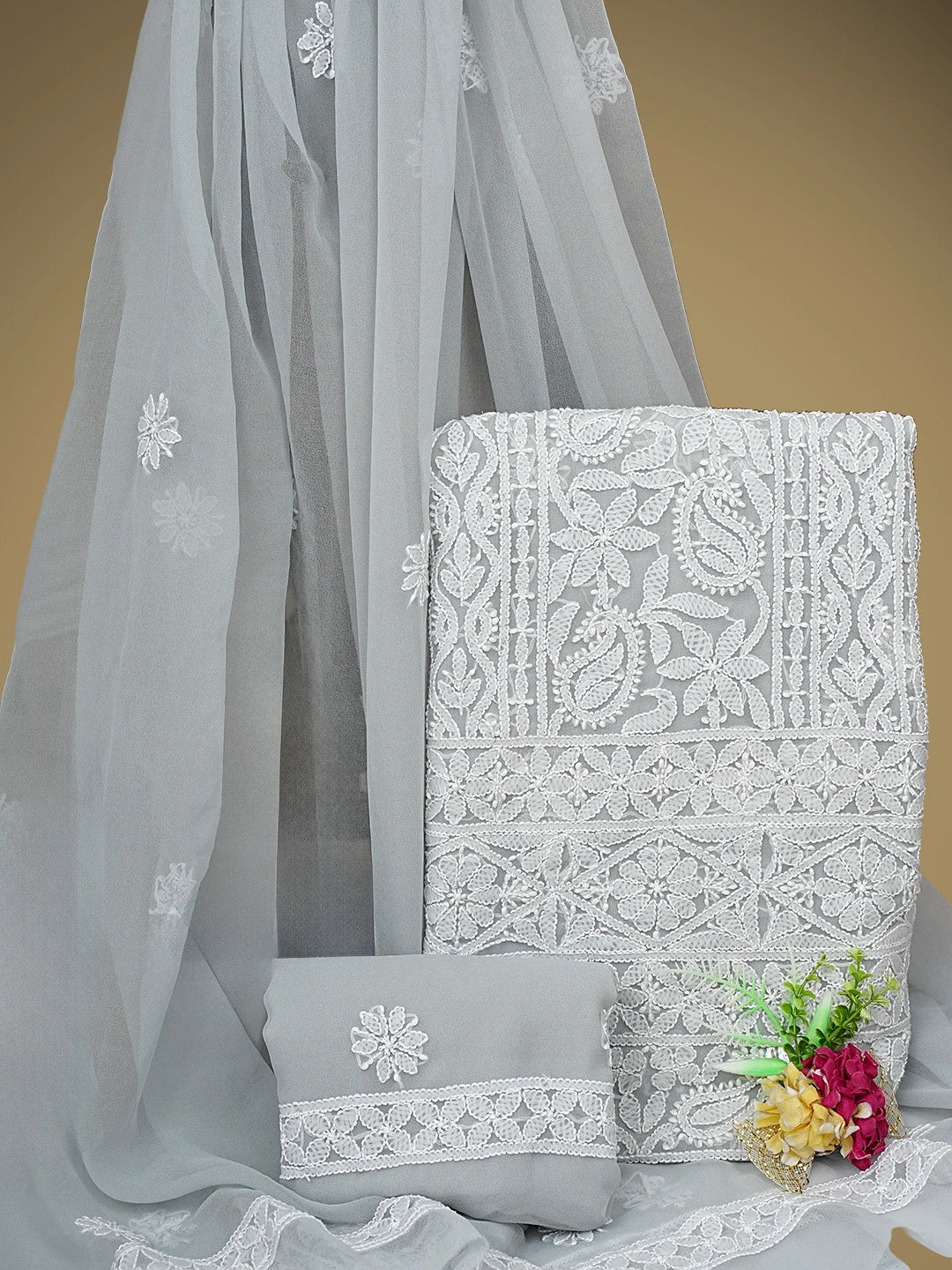 Ada Hand Embroidered Grey Georgette Lucknowi Chikankari Unstitched Suit Piece 01A873551