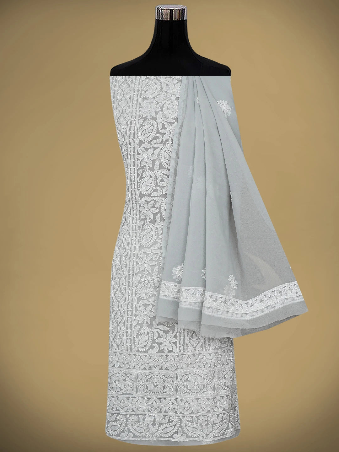 Ada Hand Embroidered Grey Georgette Lucknowi Chikankari Unstitched Suit Piece 01A873551