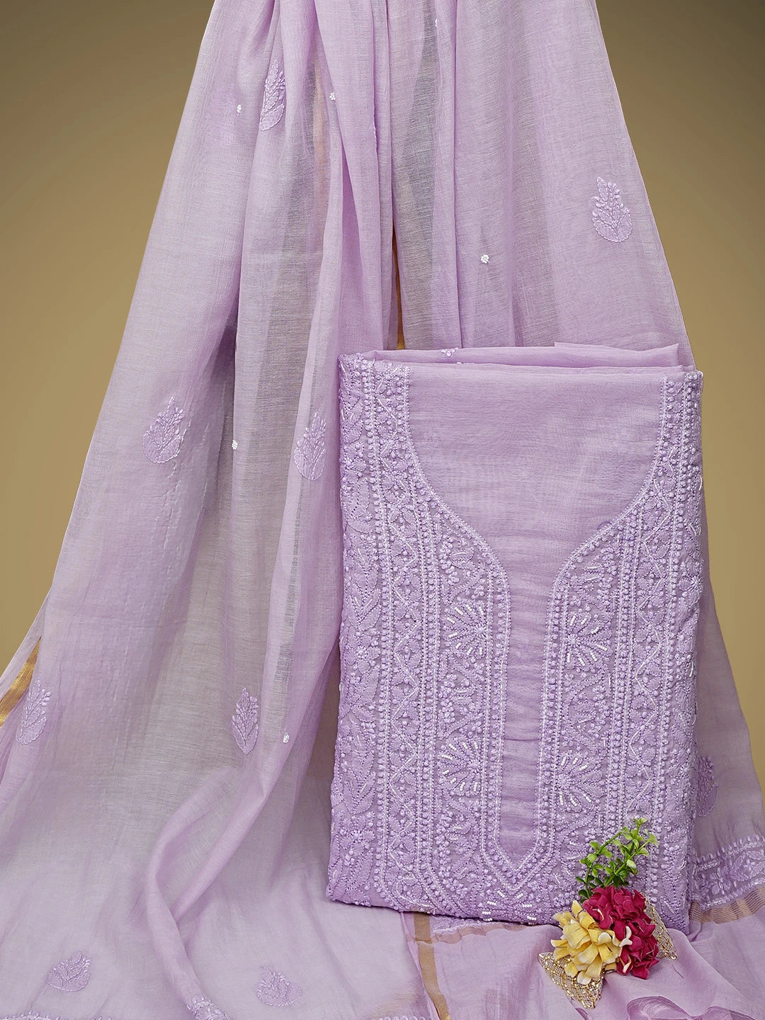 Ada Hand Embroidered Lavender Chanderi Lucknowi Chikankari Unstitched Kurta Dupatta Set With Pearl Work 01A939761