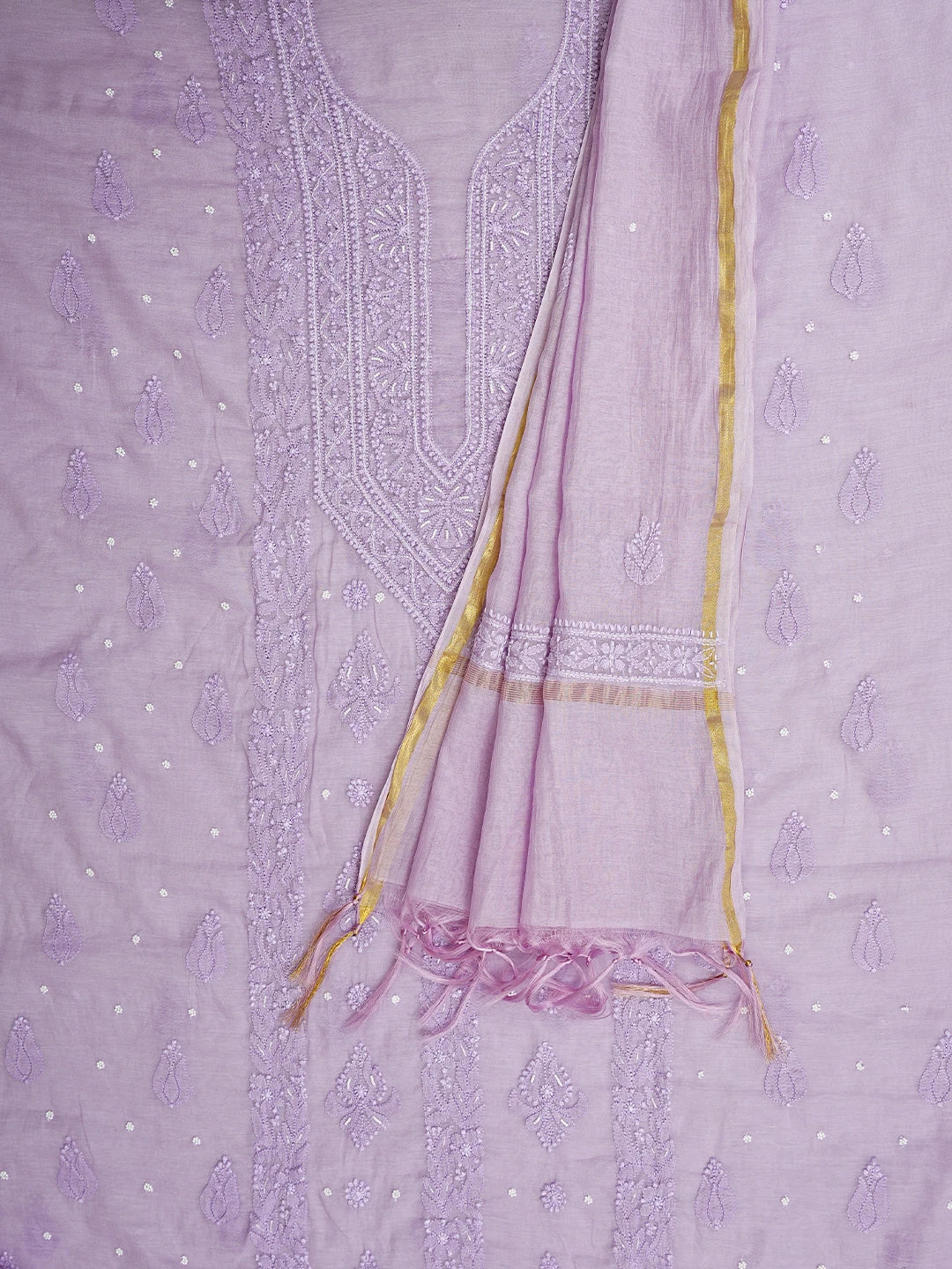 Ada Hand Embroidered Lavender Chanderi Lucknowi Chikankari Unstitched Kurta Dupatta Set With Pearl Work 01A939761