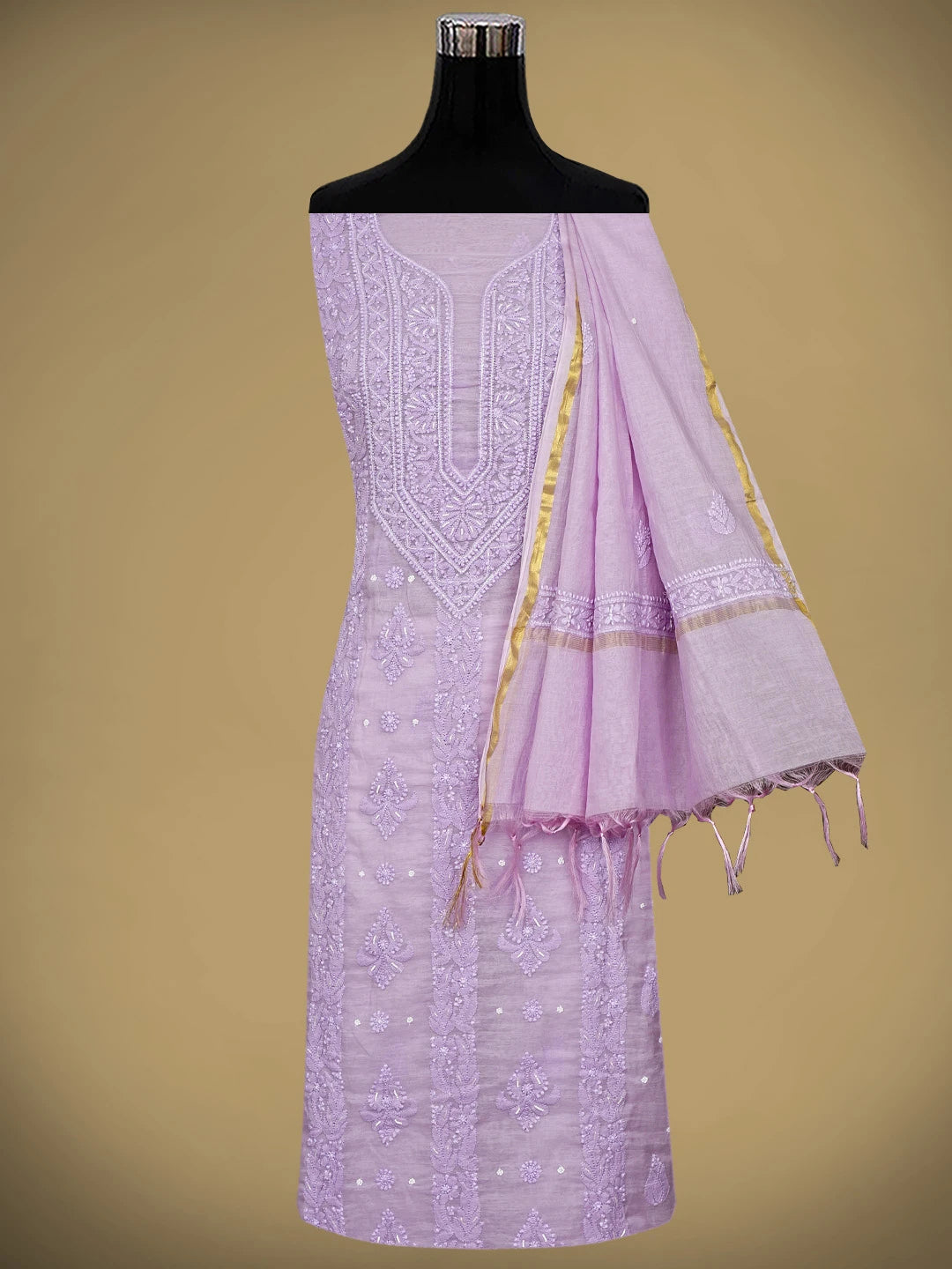 Ada Hand Embroidered Lavender Chanderi Lucknowi Chikankari Unstitched Kurta Dupatta Set With Pearl Work 01A939761