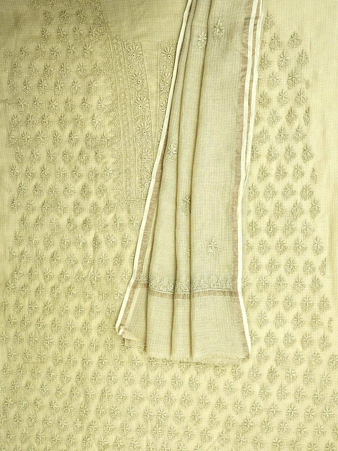 Ada Hand Embroidered Pista Green Cotton Lucknowi Chikankari Unstitched Kurta Dupatta Set 01A903203