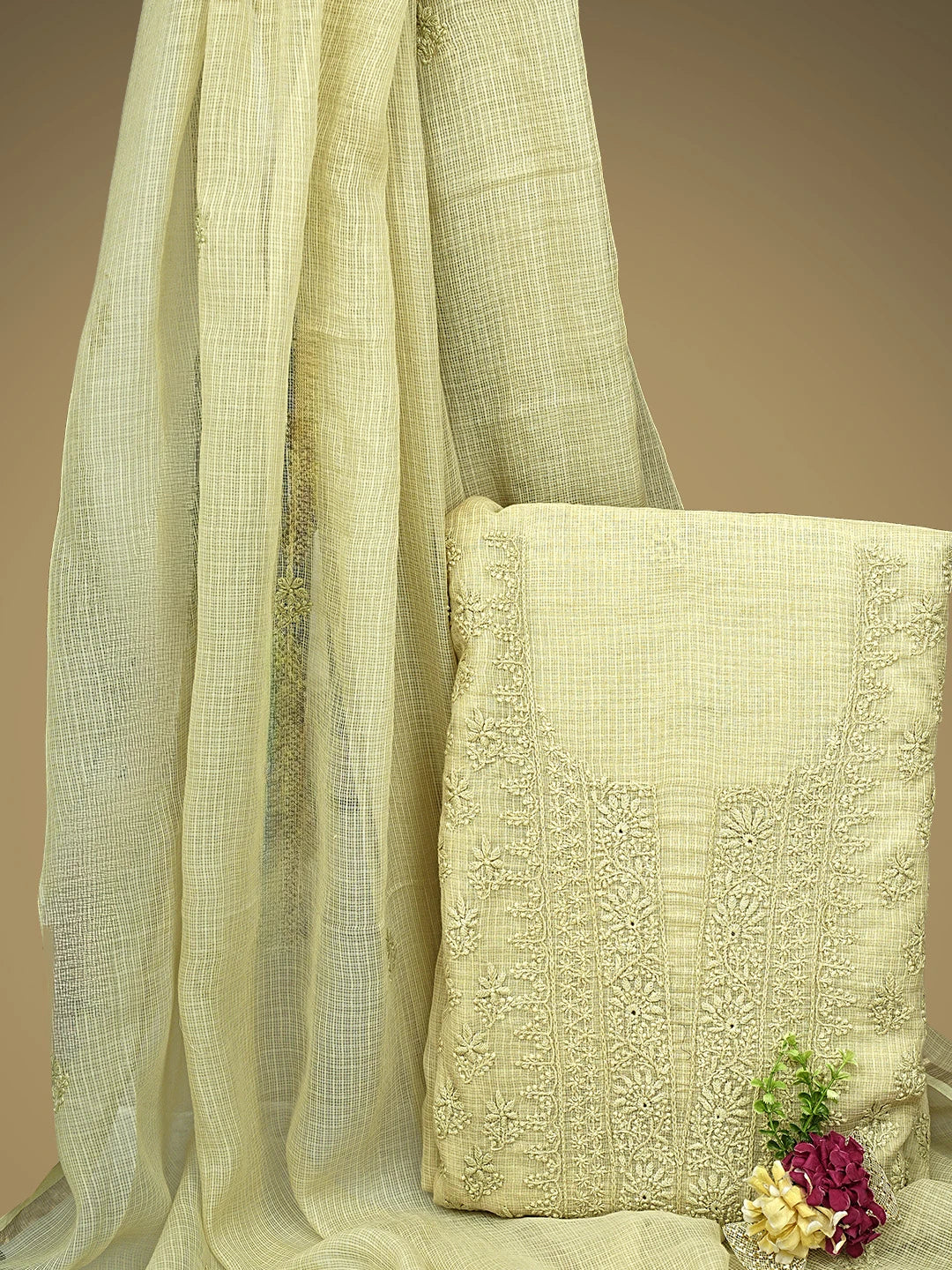 Ada Hand Embroidered Pista Green Cotton Lucknowi Chikankari Unstitched Kurta Dupatta Set 01A903203