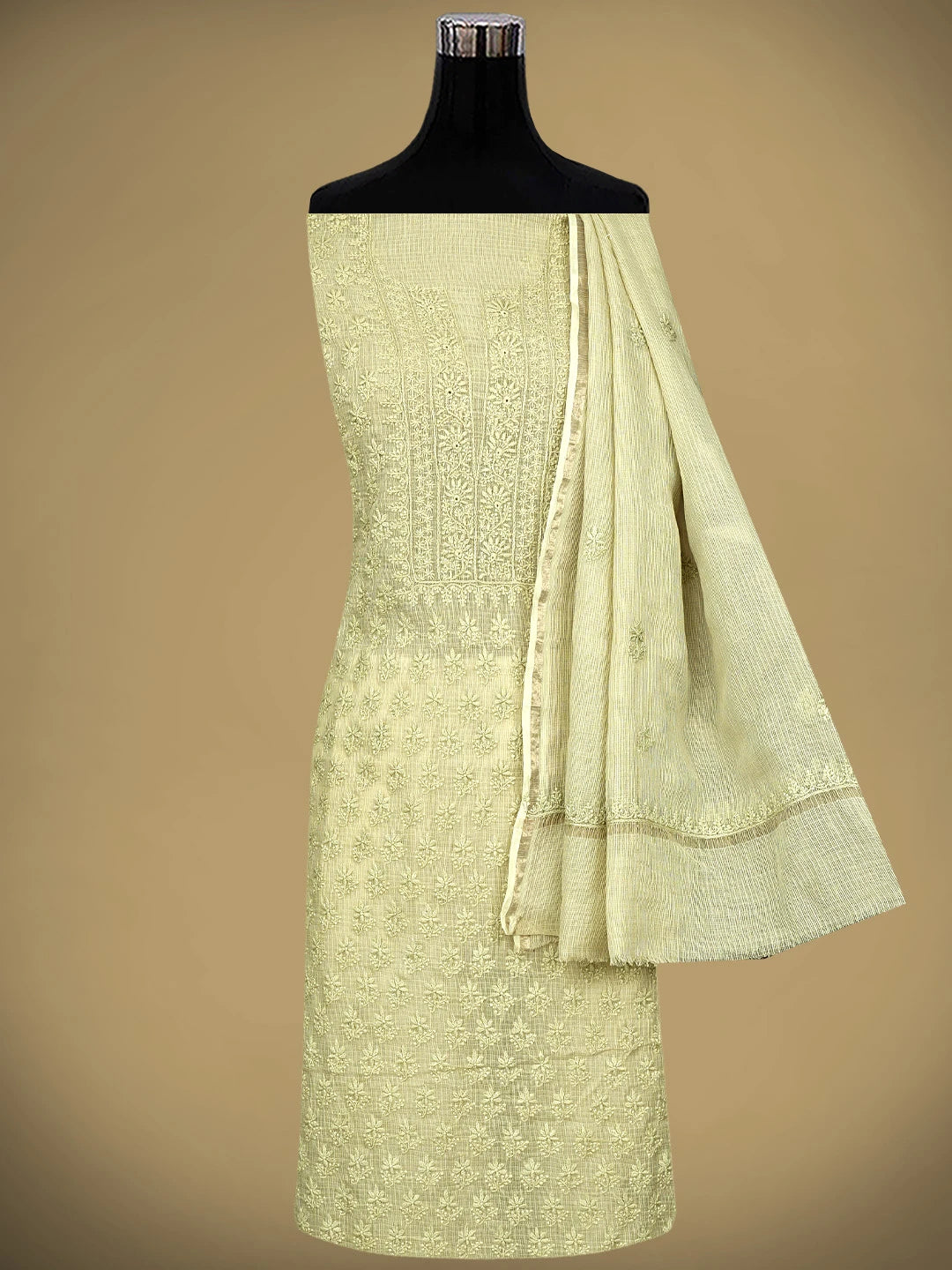 Ada Hand Embroidered Pista Green Cotton Lucknowi Chikankari Unstitched Kurta Dupatta Set 01A903203