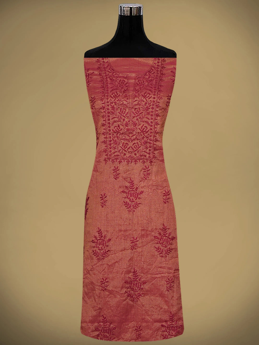 Ada Hand Embroidered Maroon Tissue Lucknowi Chikankari Unstitched Kurta Dupatta Set 01A946091