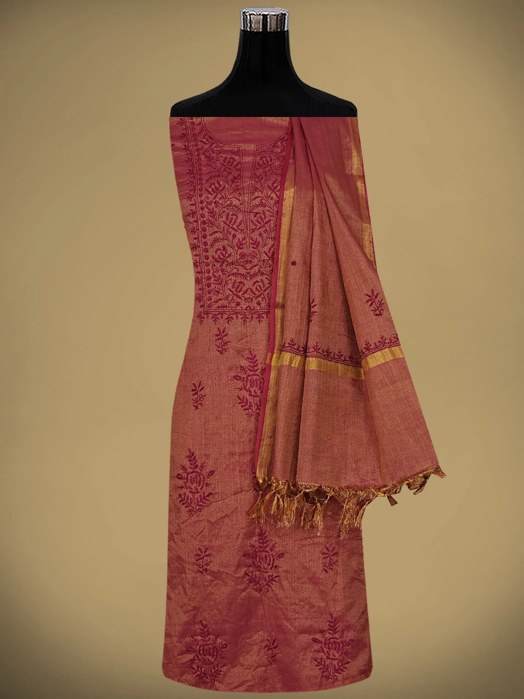 Ada Hand Embroidered Maroon Tissue Lucknowi Chikankari Unstitched Kurta Dupatta Set 01A946091