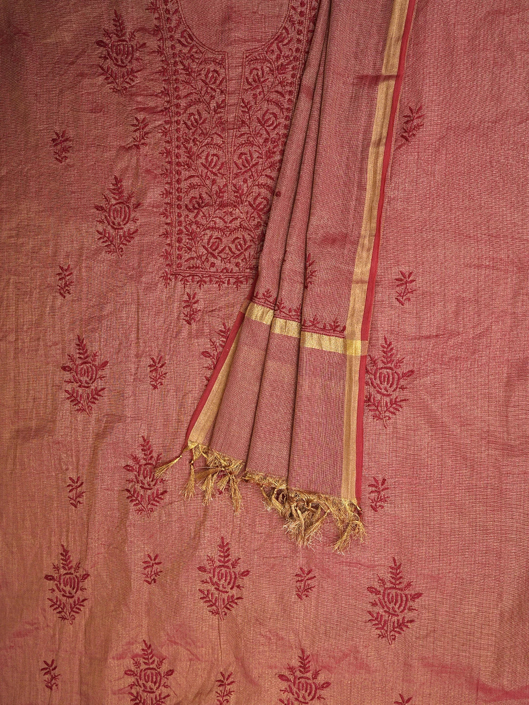 Ada Hand Embroidered Maroon Tissue Lucknowi Chikankari Unstitched Kurta Dupatta Set 01A946091