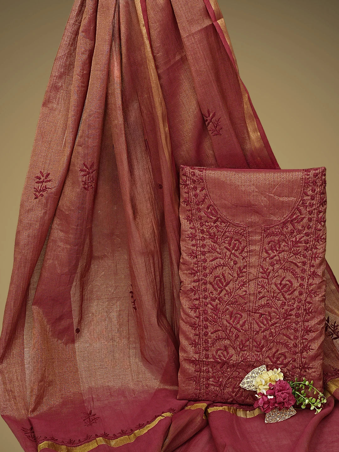 Ada Hand Embroidered Maroon Tissue Lucknowi Chikankari Unstitched Kurta Dupatta Set 01A946091