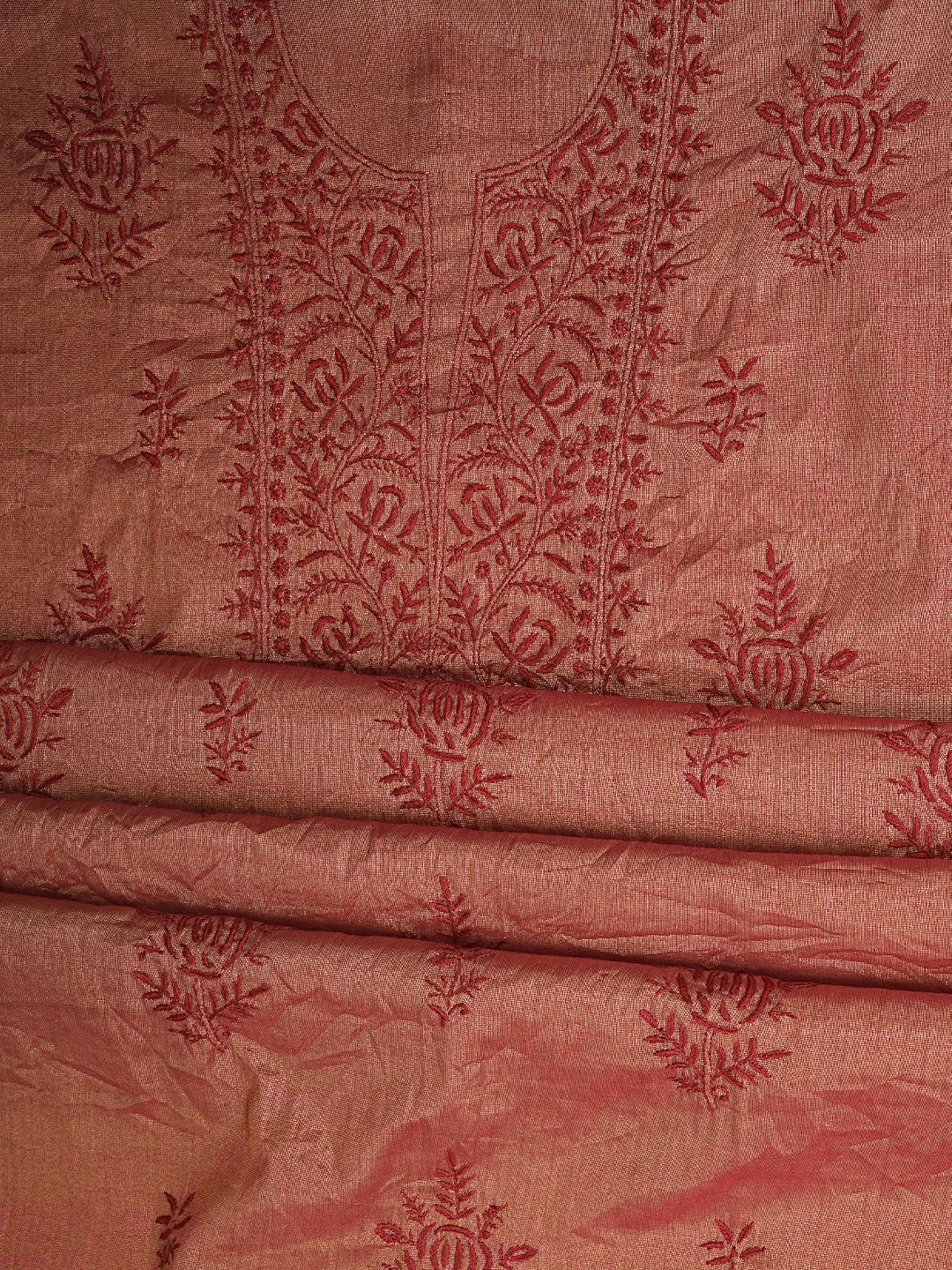Ada Hand Embroidered Maroon Tissue Lucknowi Chikankari Unstitched Kurta Dupatta Set 01A946091