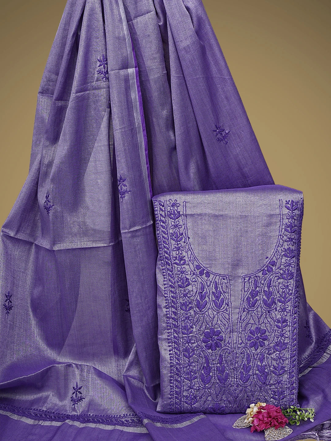 Ada Hand Embroidered Purple Tissue Lucknowi Chikankari Unstitched Kurta Dupatta Set 01A946081