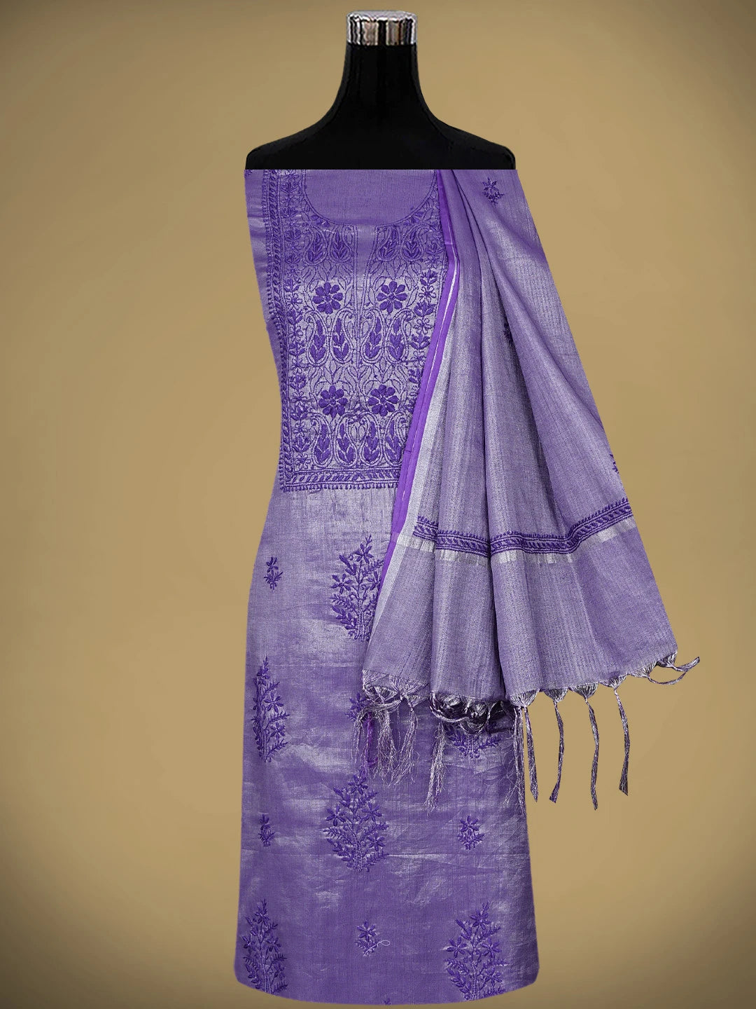 Ada Hand Embroidered Purple Tissue Lucknowi Chikankari Unstitched Kurta Dupatta Set 01A946081