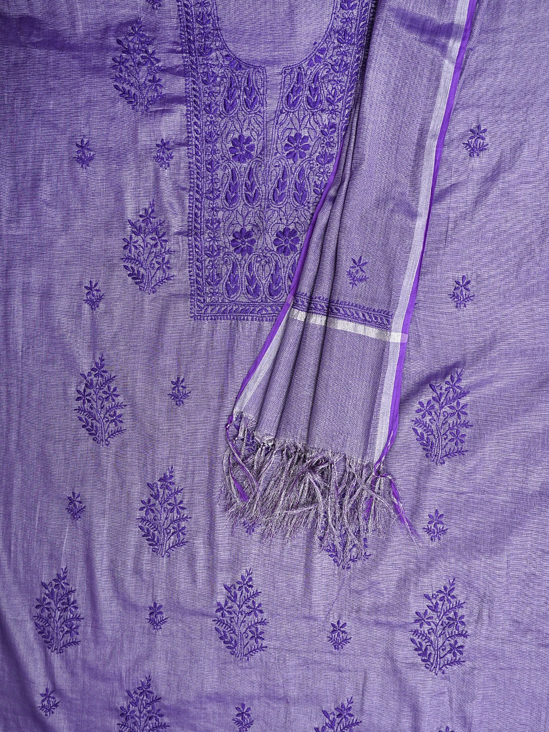 Ada Hand Embroidered Purple Tissue Lucknowi Chikankari Unstitched Kurta Dupatta Set 01A946081