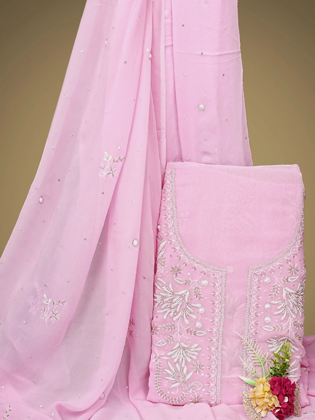 Ada Hand Embroidered Pink Viscose Georgette Lucknowi Chikankari Unstitched Kurta Dupatta Set With Cutdana Work 01A922571