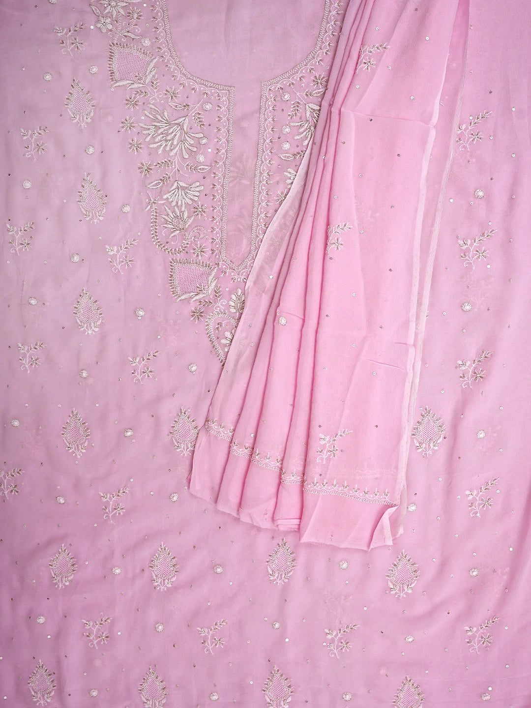 Ada Hand Embroidered Pink Viscose Georgette Lucknowi Chikankari Unstitched Kurta Dupatta Set With Cutdana Work 01A922571