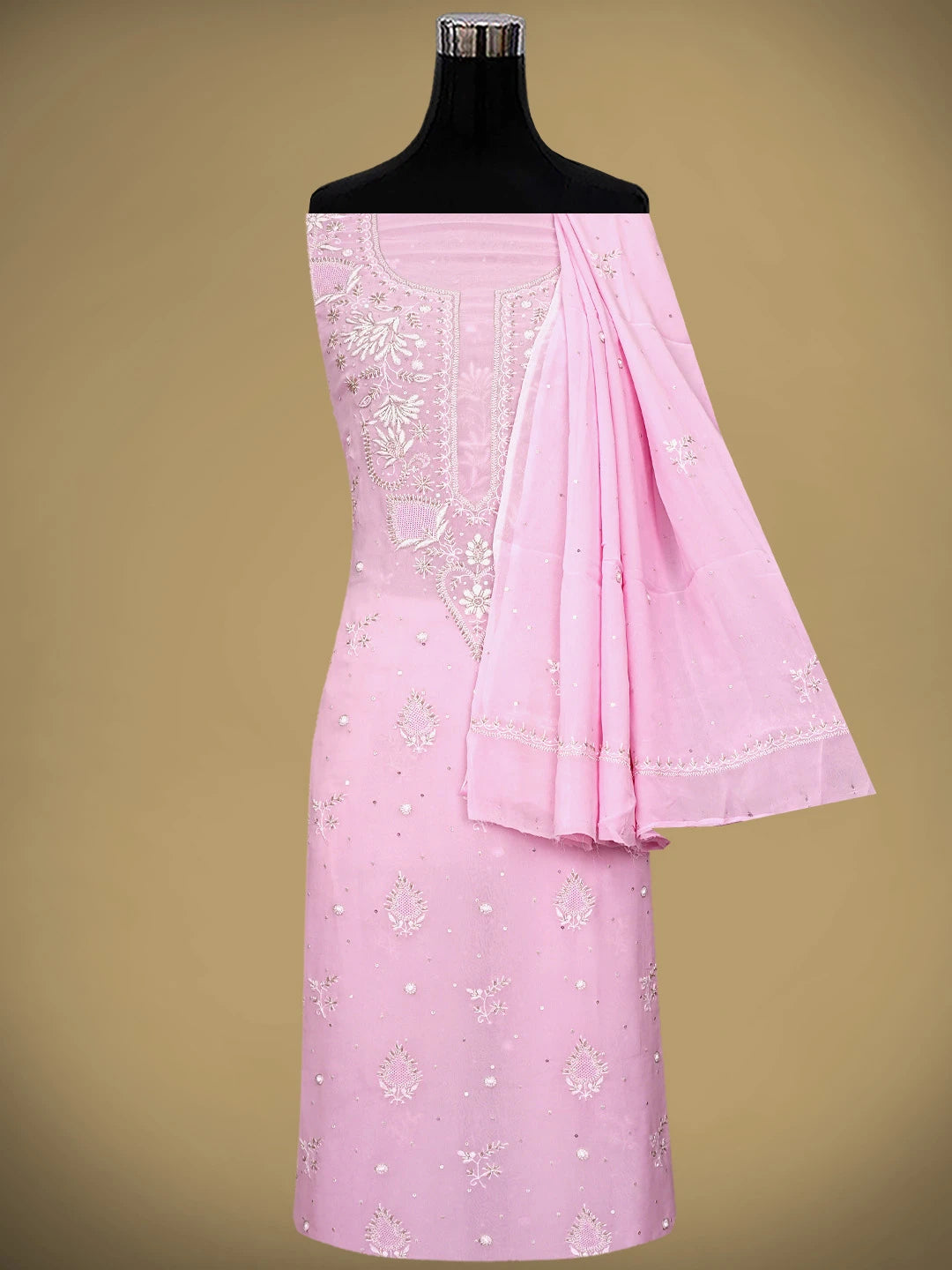Ada Hand Embroidered Pink Viscose Georgette Lucknowi Chikankari Unstitched Kurta Dupatta Set With Cutdana Work 01A922571