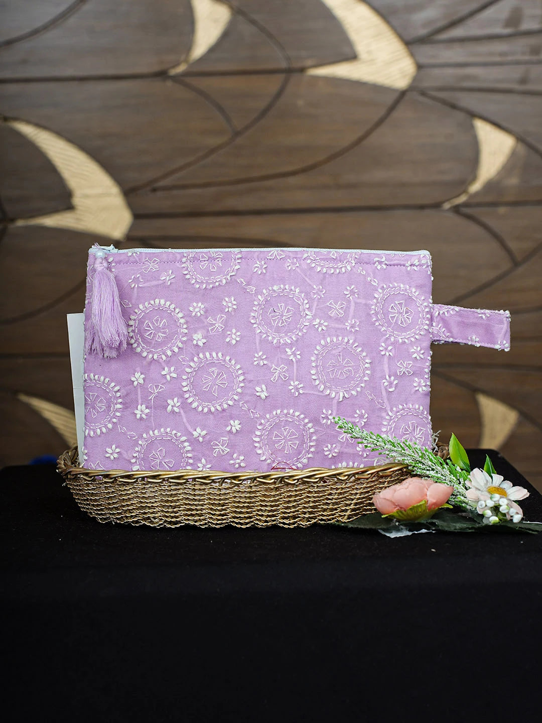 Ada Hand Embroidered Lavender Cotton Lucknowi Chikankari Pouch 01A873317