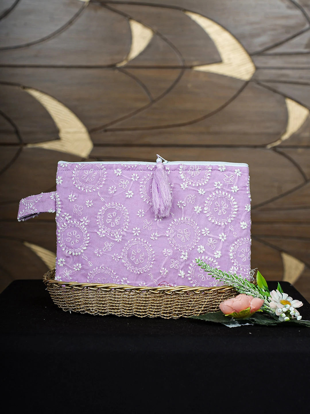 Ada Hand Embroidered Lavender Cotton Lucknowi Chikankari Pouch 01A873317