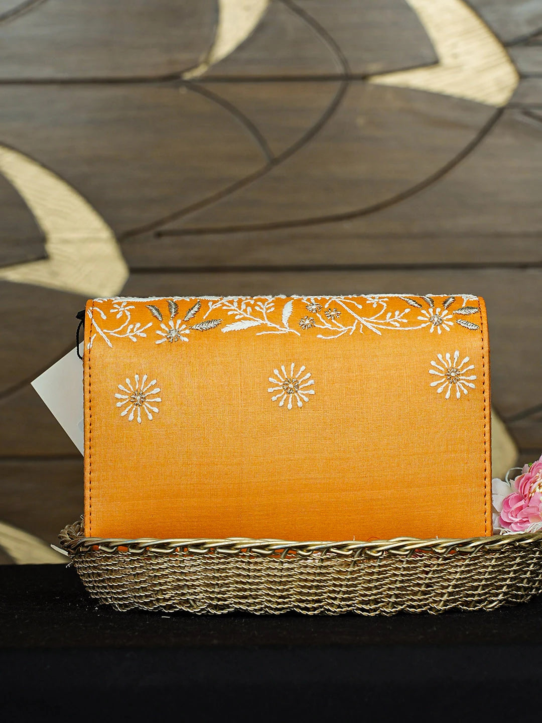 Ada Hand Embroidered Orange Silk Lucknowi Chikankari Clutch With Zari Work 01A939253