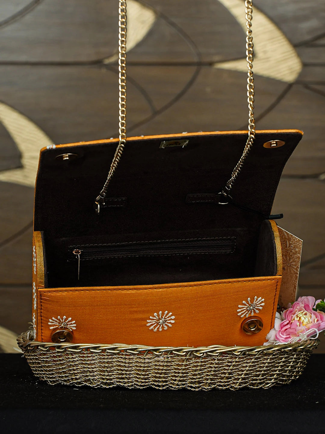 Ada Hand Embroidered Orange Silk Lucknowi Chikankari Clutch With Zari Work 01A939253