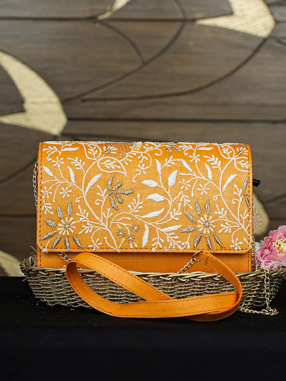 Ada Hand Embroidered Orange Silk Lucknowi Chikankari Clutch With Zari Work 01A939253