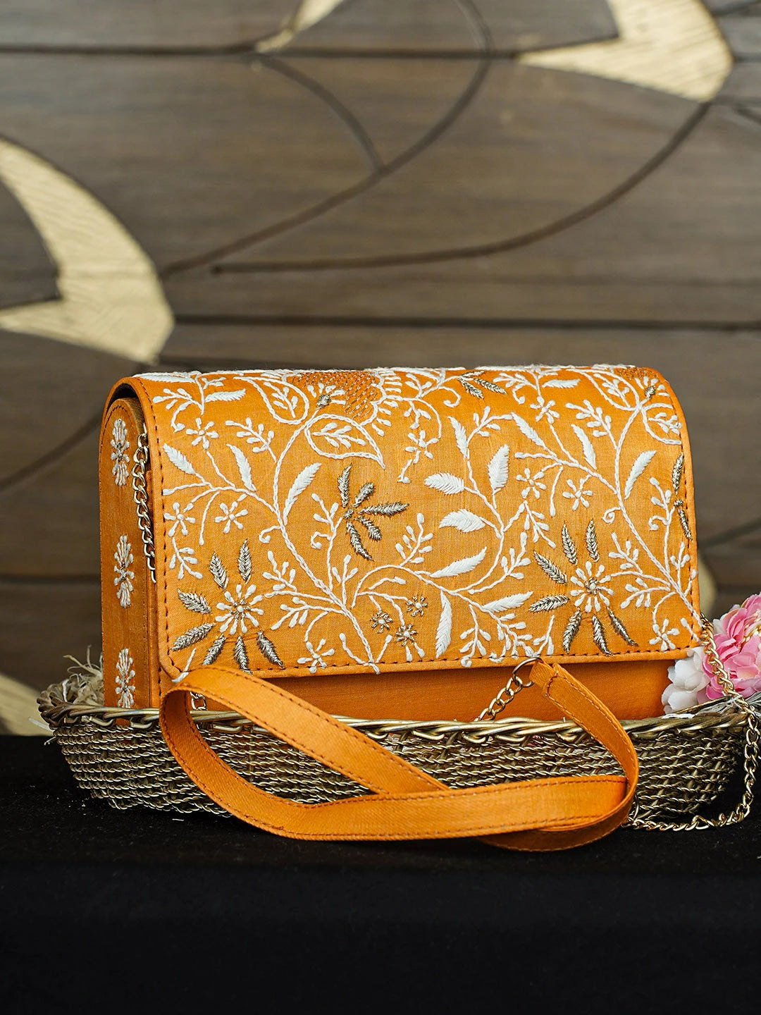 Ada Hand Embroidered Orange Silk Lucknowi Chikankari Clutch With Zari Work 01A939253