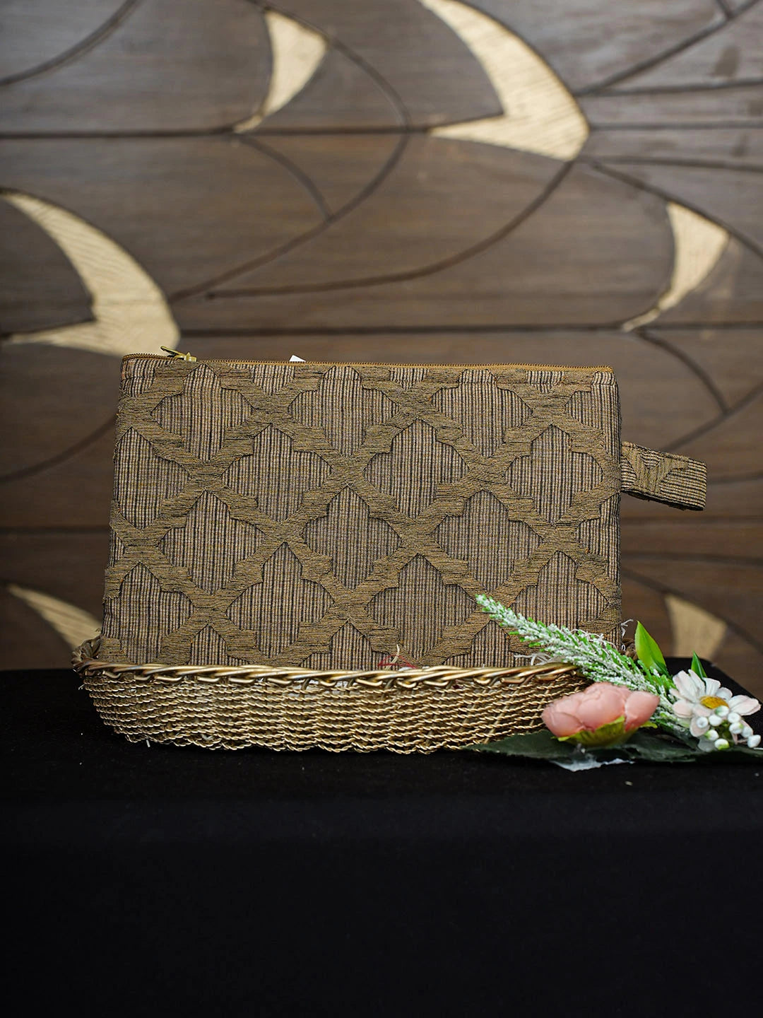 Ada Hand Embroidered Brown Tissue Lucknowi Chikankari Pouch 01A867391