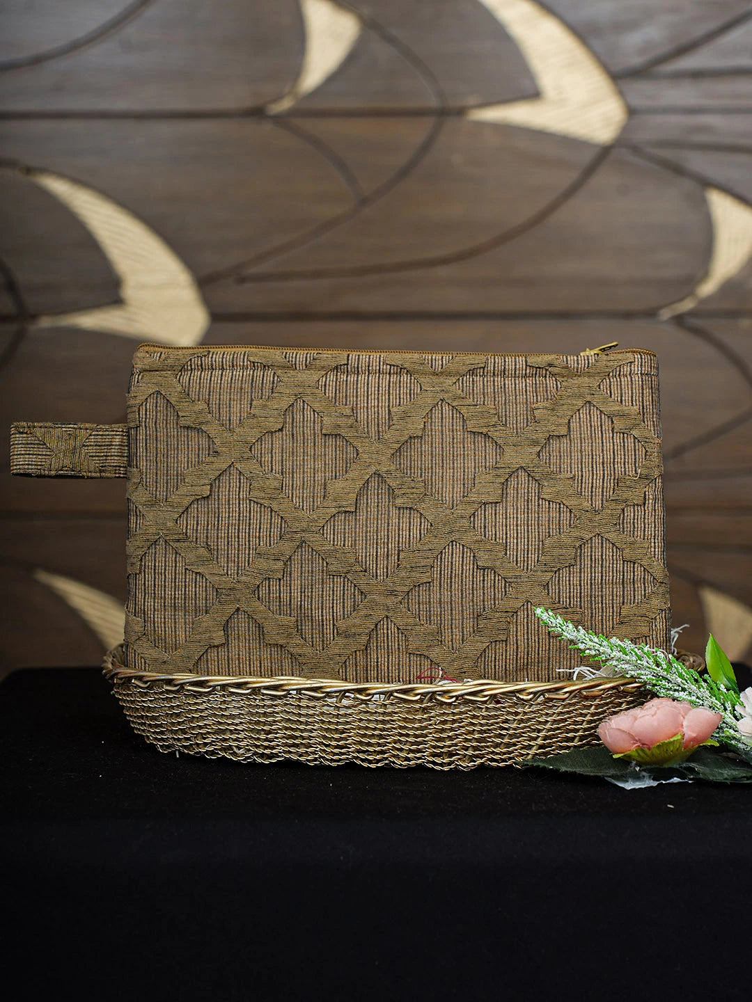 Ada Hand Embroidered Brown Tissue Lucknowi Chikankari Pouch 01A867391