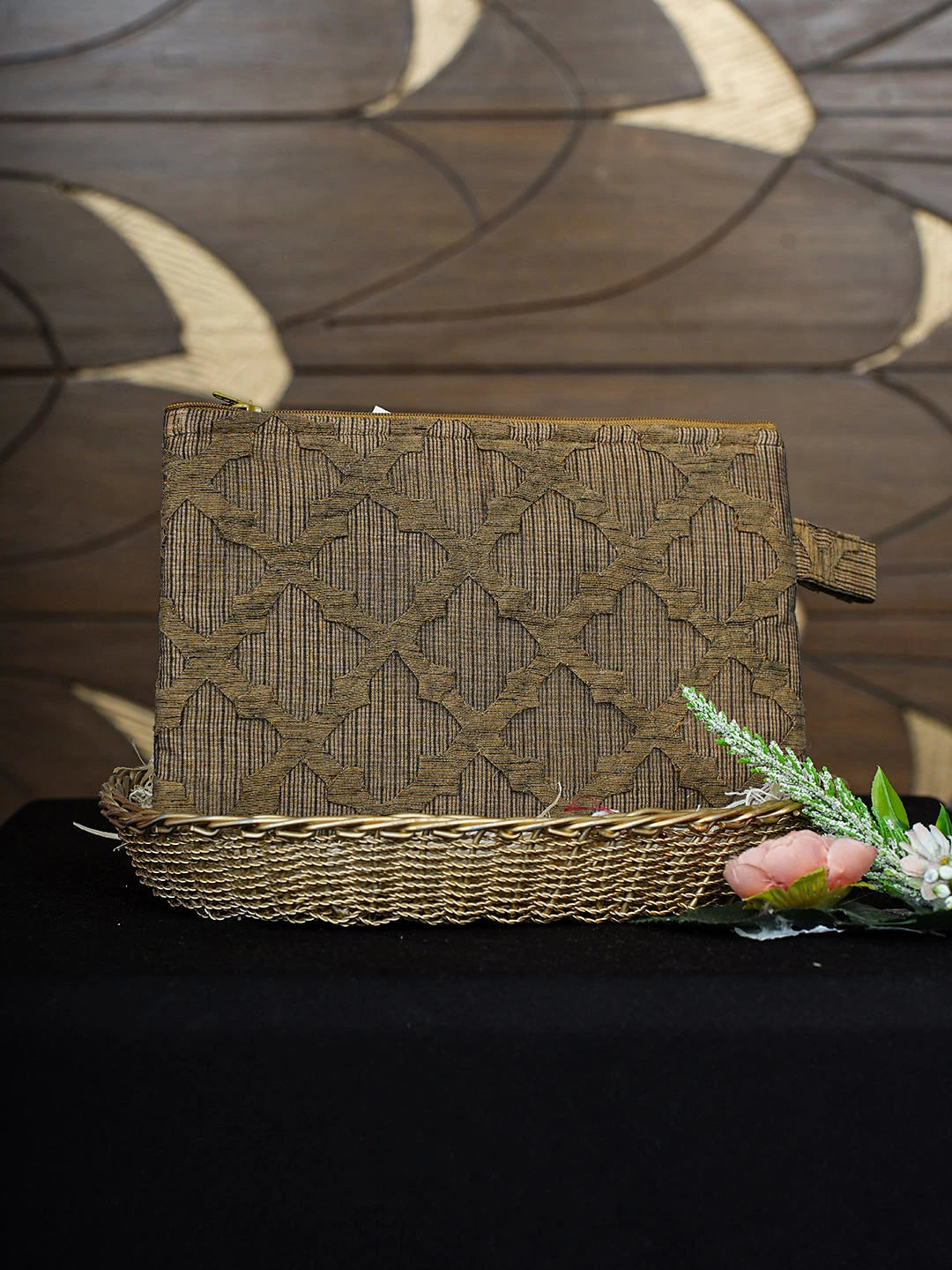 Ada Hand Embroidered Brown Tissue Lucknowi Chikankari Pouch 01A867391