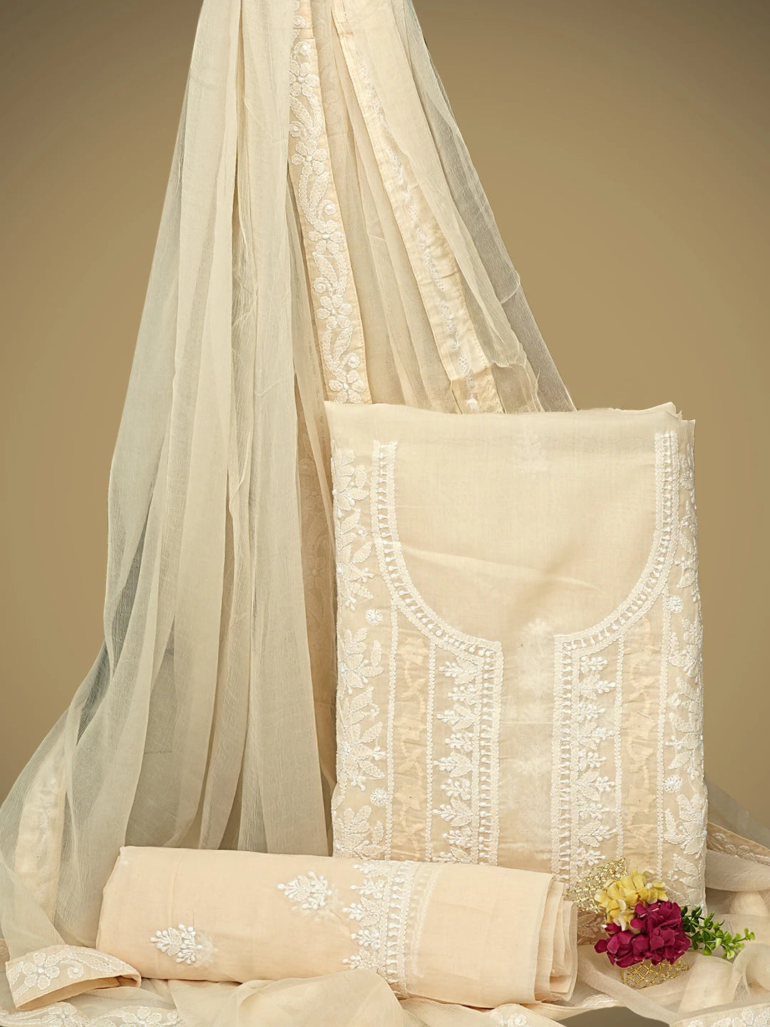 Ada Hand Embroidered Peach Cotton Lucknowi Chikankari Unstitched Suit Piece 01A954347