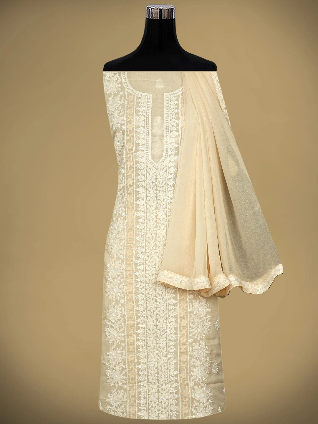 Ada Hand Embroidered Peach Cotton Lucknowi Chikankari Unstitched Suit Piece 01A954347