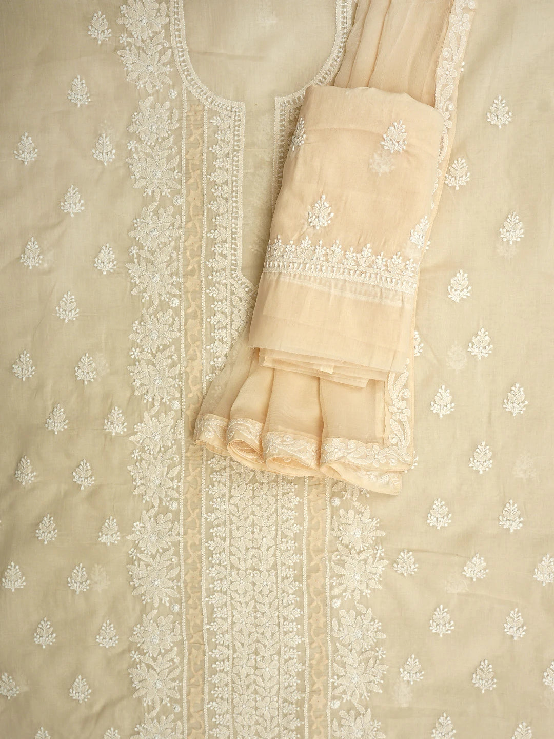Ada Hand Embroidered Peach Cotton Lucknowi Chikankari Unstitched Suit Piece 01A954347