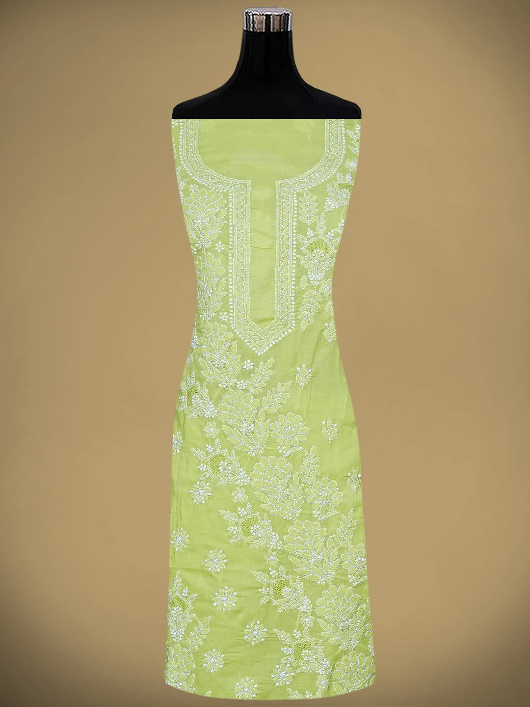 Ada Hand Embroidered Lime Green Cotton Lucknowi Chikankari Unstitched Suit Piece 01A954459