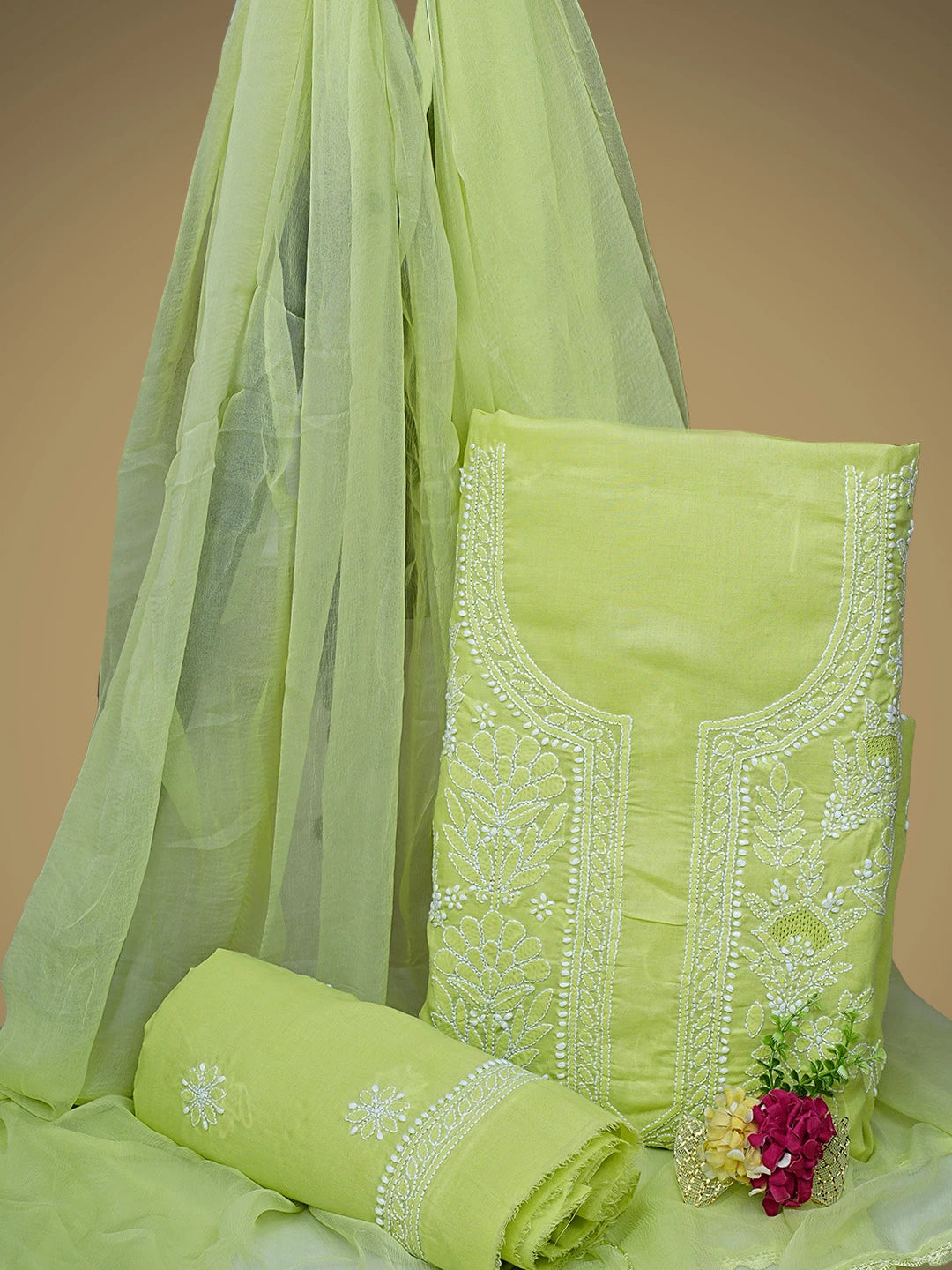 Ada Hand Embroidered Lime Green Cotton Lucknowi Chikankari Unstitched Suit Piece 01A954459